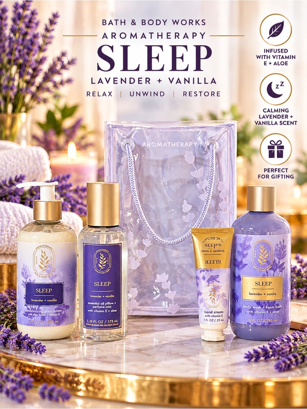 Bath & Body Works Sleep Lavender Vanilla 5 Piece Aromatherapy Gift Set NWT